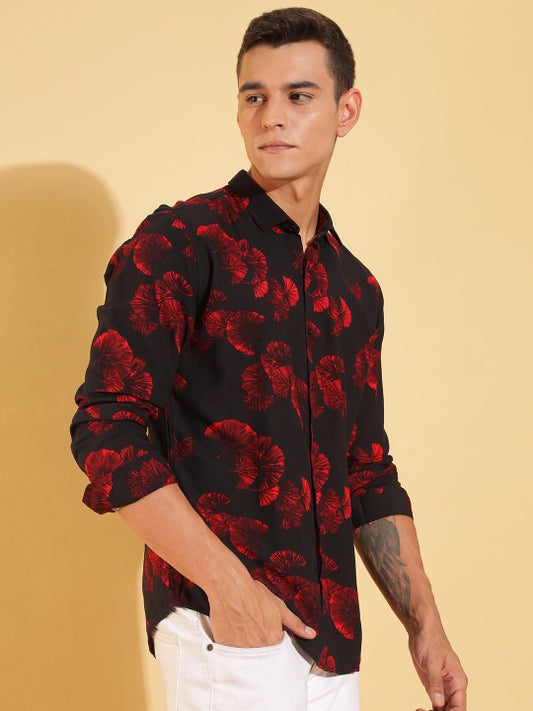 Men’s Black Red Floral Print Shirt – Premium Party Wear Casual Shirt | Jaleny.shop