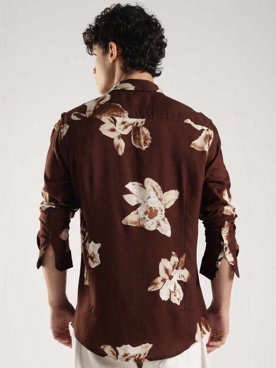 Men’s Brown Floral Print Shirt – Premium Casual Fashion Shirt | Jaleny.shop