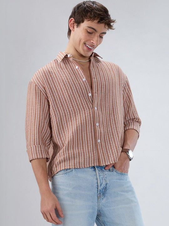 Men’s Brown Vertical Stripe Shirt – Premium Relaxed Casual Shirt | Jaleny.shop