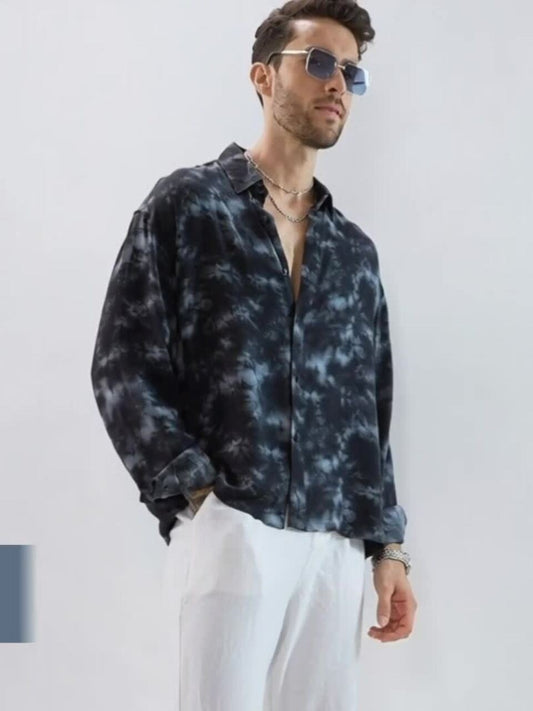 Men’s Black Tie-Dye Print Shirt – Premium Oversized Casual Shirt | Jaleny.shop