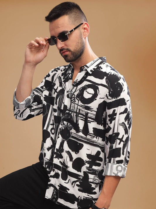 Men’s Black & White Graffiti Print Shirt – Premium Casual Streetwear Shirt | Jaleny.shop