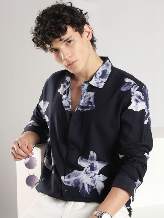 Men’s Navy Blue Floral Print Shirt – Premium Casual Party Wear Shirt | Jaleny.shop