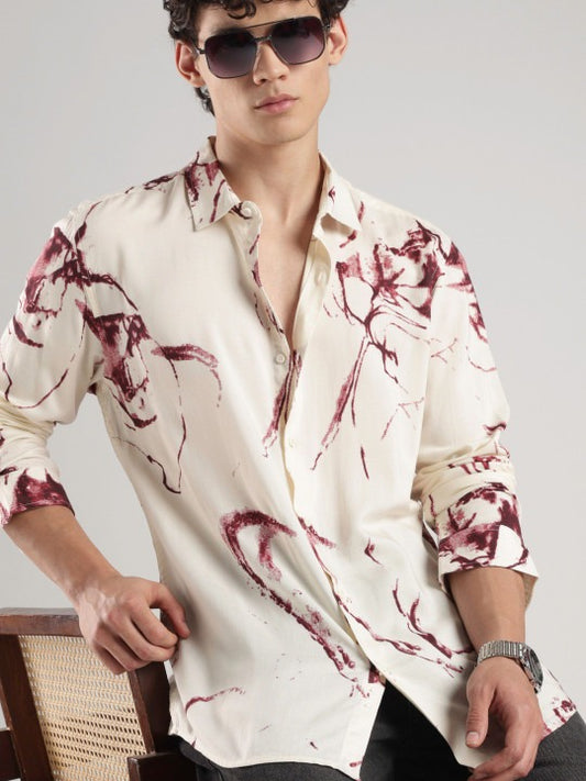 Men’s Maroon Abstract Print Shirt – Premium Casual Party Wear for Men | Jaleny.shop