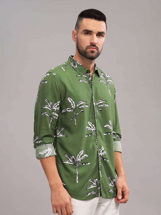 Men’s Olive Green Palm Print Shirt – Premium Tropical Casual Shirt | Jaleny.shop