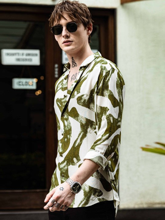 Men’s Olive Abstract Print Shirt – Premium Oversized Casual Shirt | Jaleny.shop