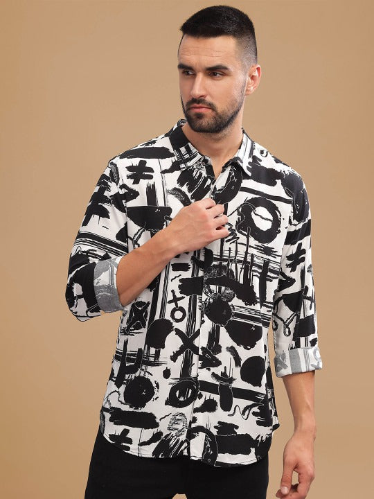 Men’s Black & White Graffiti Print Shirt – Premium Casual Streetwear Shirt | Jaleny.shop