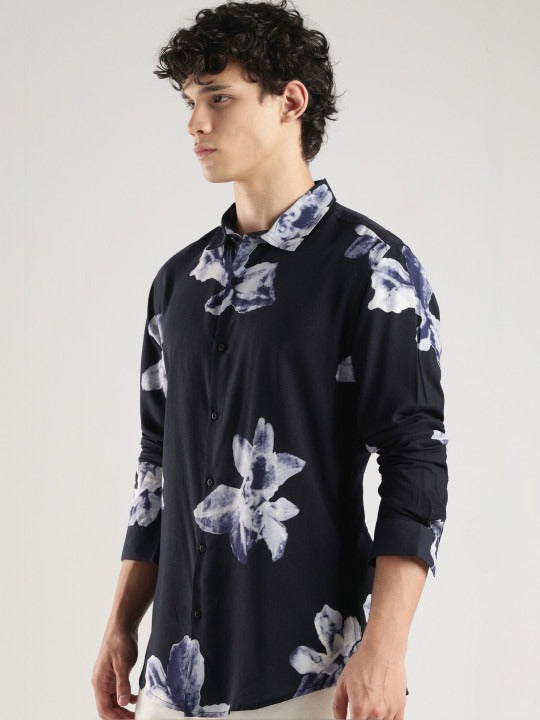 Men’s Navy Blue Floral Print Shirt – Premium Casual Party Wear Shirt | Jaleny.shop