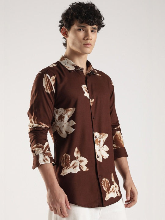 Men’s Brown Floral Print Shirt – Premium Casual Fashion Shirt | Jaleny.shop