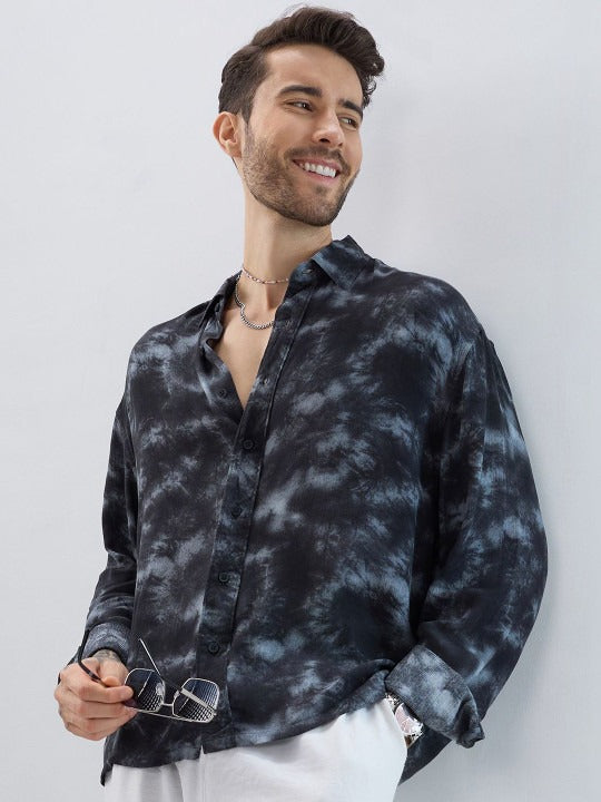 Men’s Black Tie-Dye Print Shirt – Premium Oversized Casual Shirt | Jaleny.shop