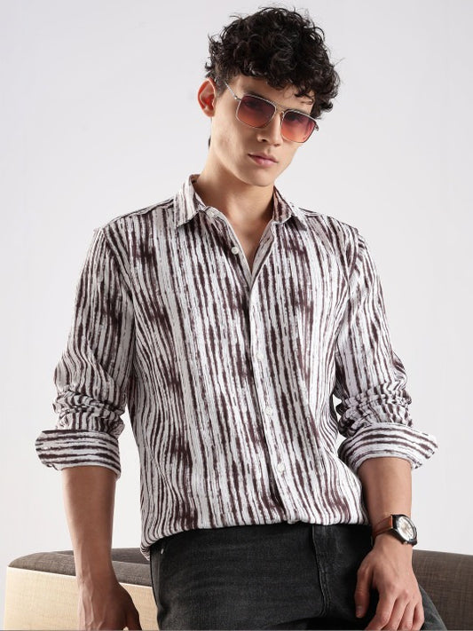 Men’s Brown Vertical Stripe Print Shirt – Premium Casual Fashion Shirt | Jaleny.shop