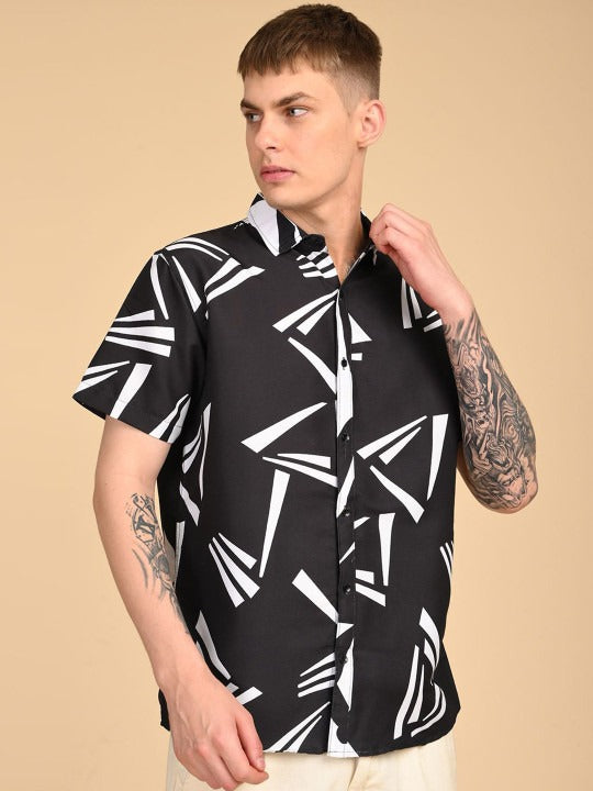 Men’s Black Geometric Print Shirt – Premium Half Sleeve Casual Shirt | Jaleny.shop