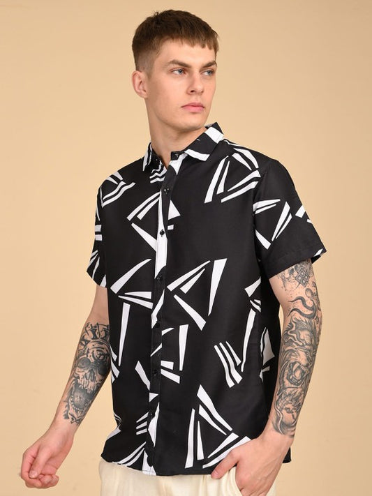Men’s Black Geometric Print Shirt – Premium Half Sleeve Casual Shirt | Jaleny.shop