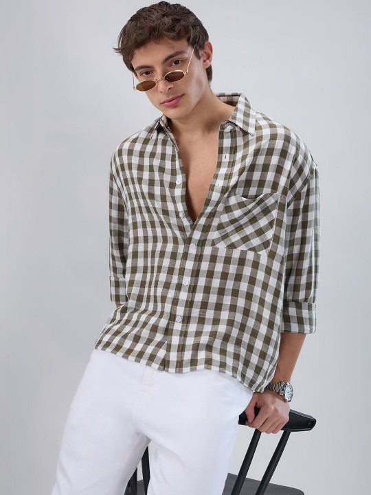 Men’s Olive Green Check Shirt – Premium Relaxed Fit Casual Shirt | Jaleny.shop