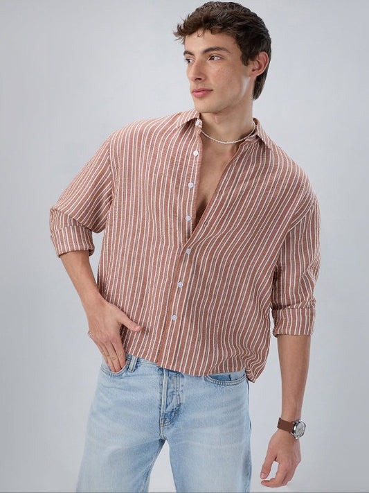 Men’s Brown Vertical Stripe Shirt – Premium Relaxed Casual Shirt | Jaleny.shop