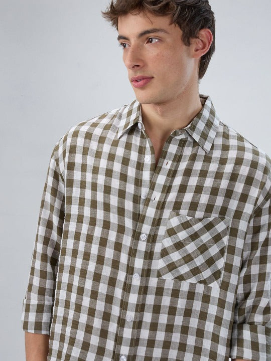Men’s Olive Green Check Shirt – Premium Relaxed Fit Casual Shirt | Jaleny.shop