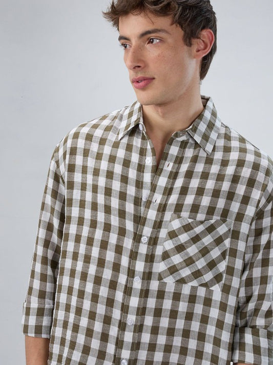 Men’s Olive Green Check Shirt – Premium Relaxed Fit Casual Shirt | Jaleny.shop