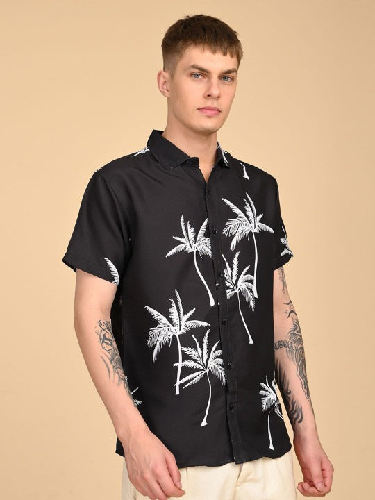 Men’s Black Palm Tree Print Shirt – Premium Tropical Half Sleeve Shirt | Jaleny.shop