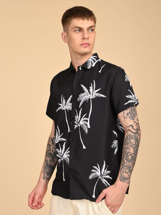 Men’s Black Palm Tree Print Shirt – Premium Tropical Half Sleeve Shirt | Jaleny.shop