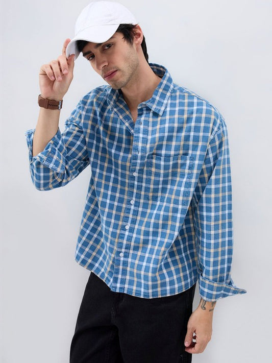 Men’s Blue Checked Casual Shirt – Premium Relaxed Fit Plaid Shirt | Jaleny.shop