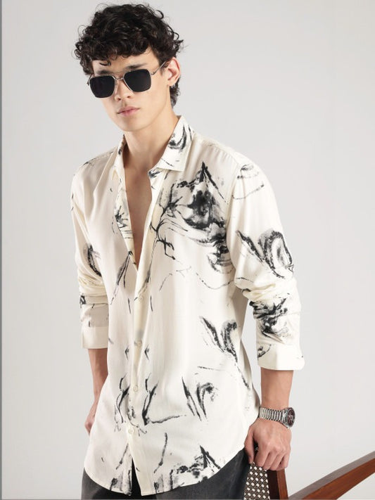 Men’s Abstract Print Satin Shirt – Luxury Casual Button Down for Men | Jaleny.shop
