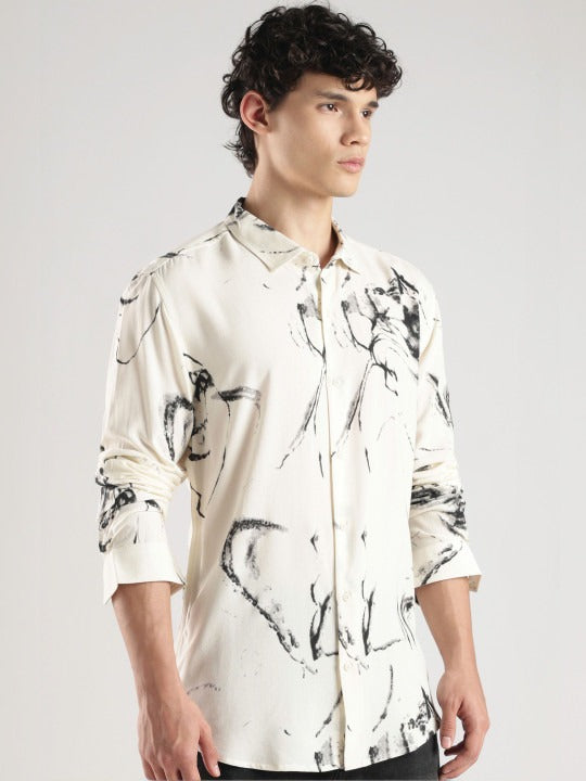 Men’s Abstract Print Satin Shirt – Luxury Casual Button Down for Men | Jaleny.shop