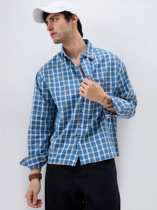Men’s Blue Checked Casual Shirt – Premium Relaxed Fit Plaid Shirt | Jaleny.shop