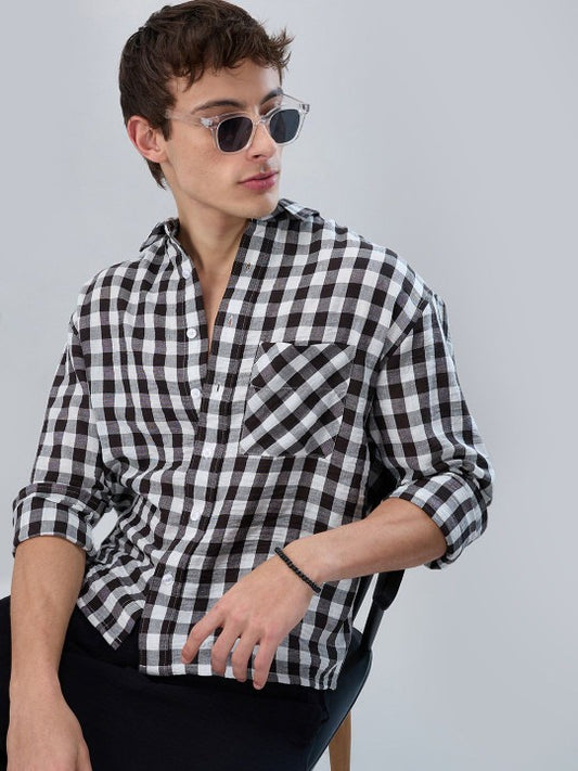 Men’s Black White Check Shirt – Premium Relaxed Casual Shirt | Jaleny.shop