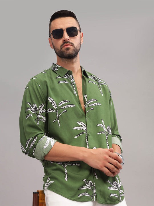Men’s Olive Green Palm Print Shirt – Premium Tropical Casual Shirt | Jaleny.shop