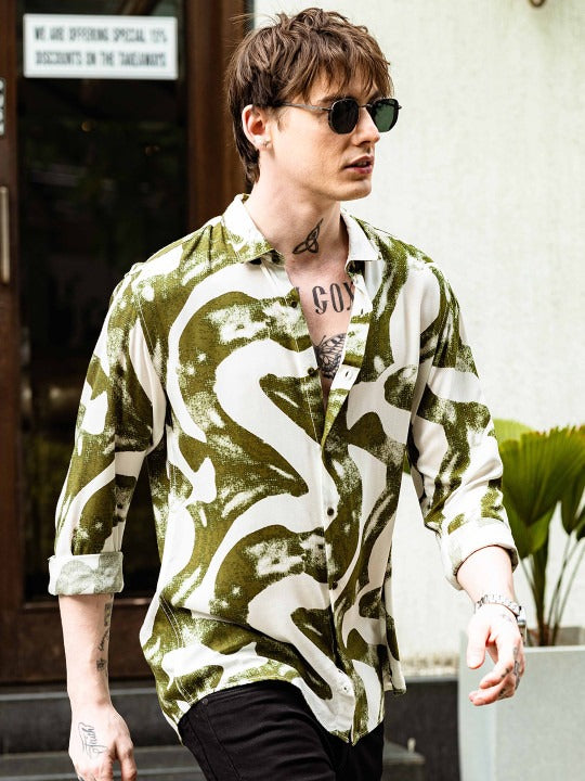 Men’s Olive Abstract Print Shirt – Premium Oversized Casual Shirt | Jaleny.shop