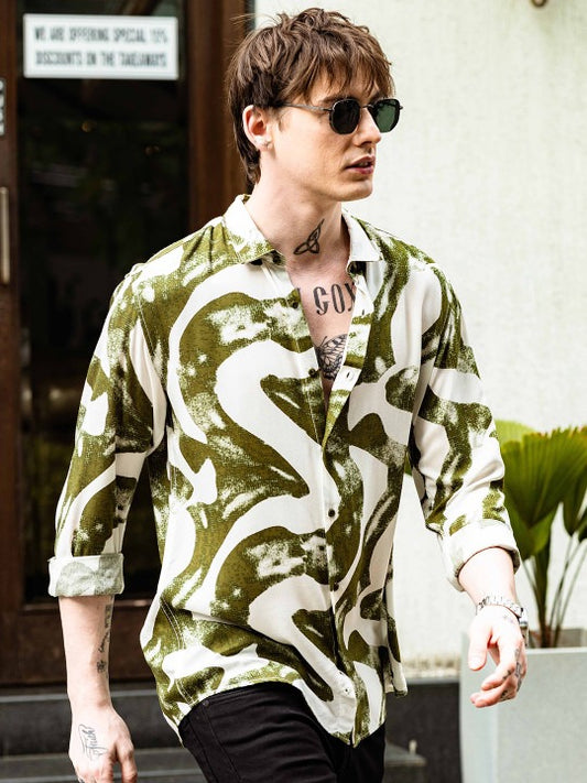 Men’s Olive Abstract Print Shirt – Premium Oversized Casual Shirt | Jaleny.shop