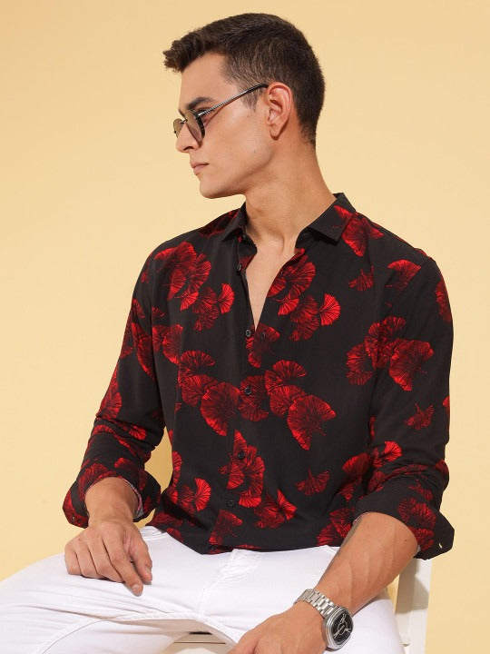Men’s Black Red Floral Print Shirt – Premium Party Wear Casual Shirt | Jaleny.shop