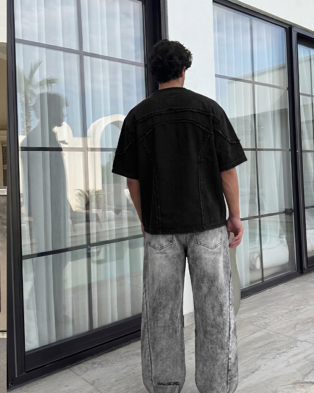 WildFlex Premium Offset Black Denim Oversized Cotton T-Shirt for Men