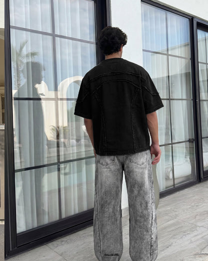 WildFlex Premium Offset Black Denim Oversized Cotton T-Shirt for Men